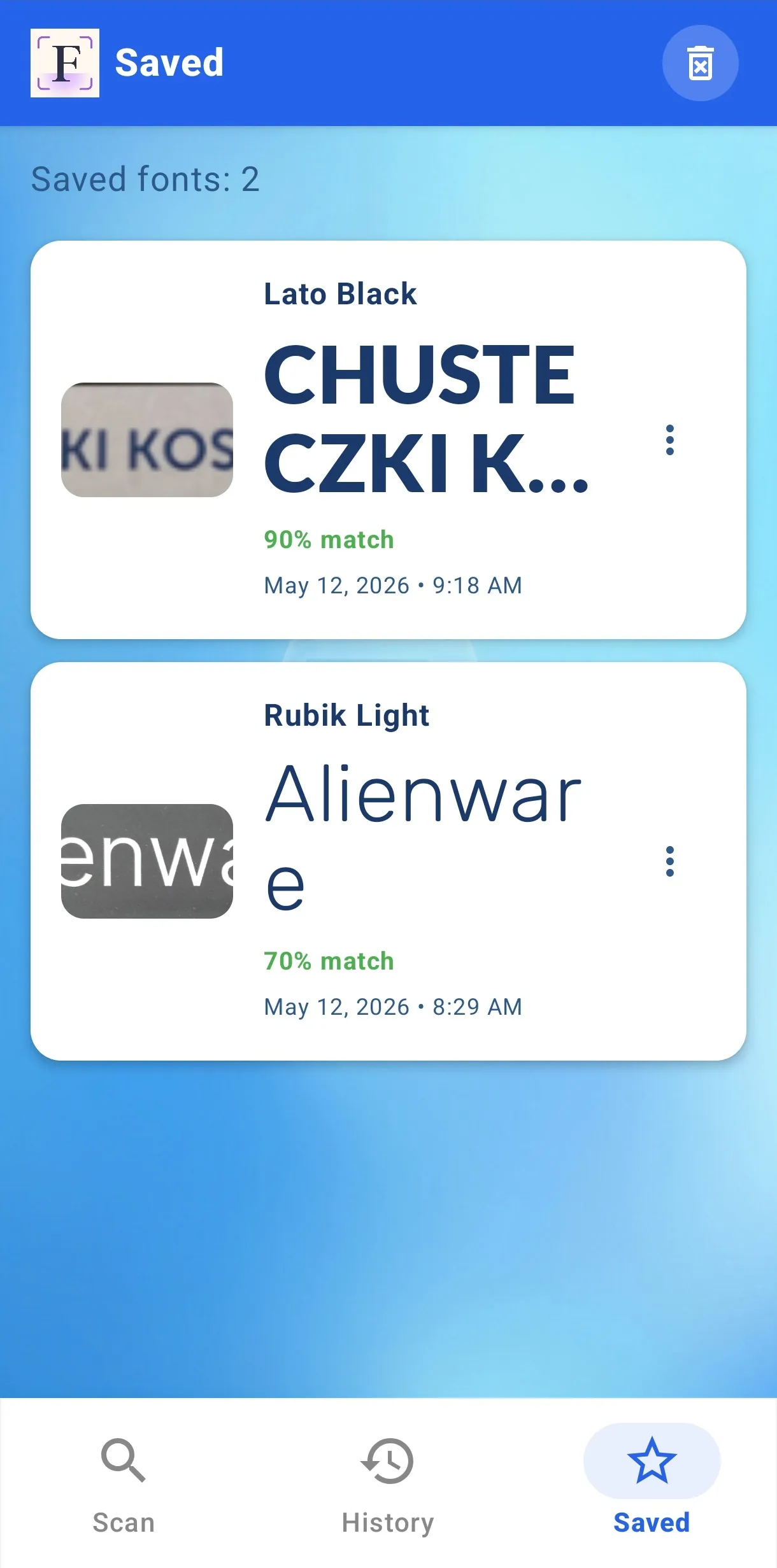 Saved fonts